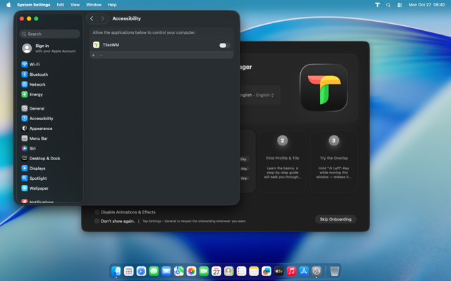 System Settings showing TilesWM in Accessibility list