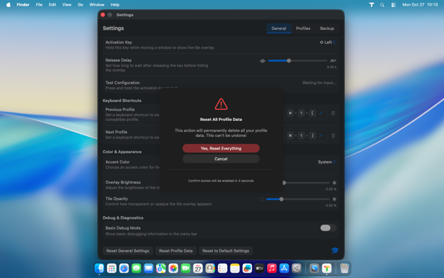 Reset profiles confirmation dialog